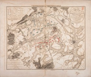 Batalha de Waterloo, mapa do campo de batalha, gravado por Jacowick, 1816